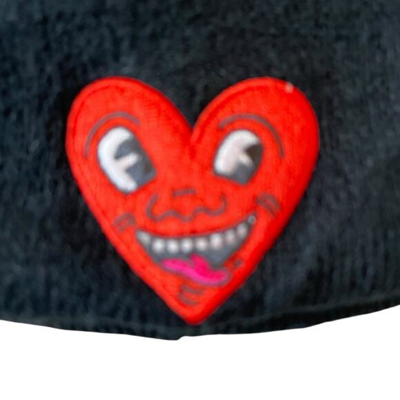 Keith Haring Black Rolled Knit Beanie Hat Embroidered Laughing Heart Unisex - Picture 3 of 10